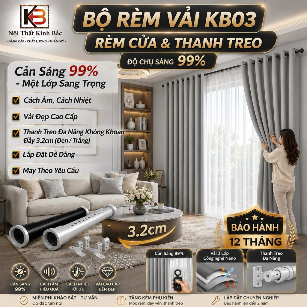 ComBo Rèm Cửa & Thanh Treo - Bộ Rèm Điều Hòa KB03 Rèm vải bố dày cản nhiệt cho phòng Khách