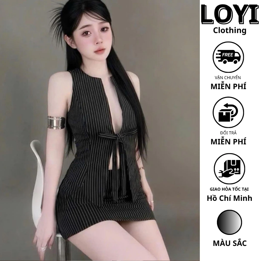[Hỏa Tốc] Set Đồ Nữ Áo Gile Sọc Cột Nơ + Chân Váy Ôm Body Ngắn, Bộ Đồ Nữ Cá Tính Quyến Rũ Sang Chảnh