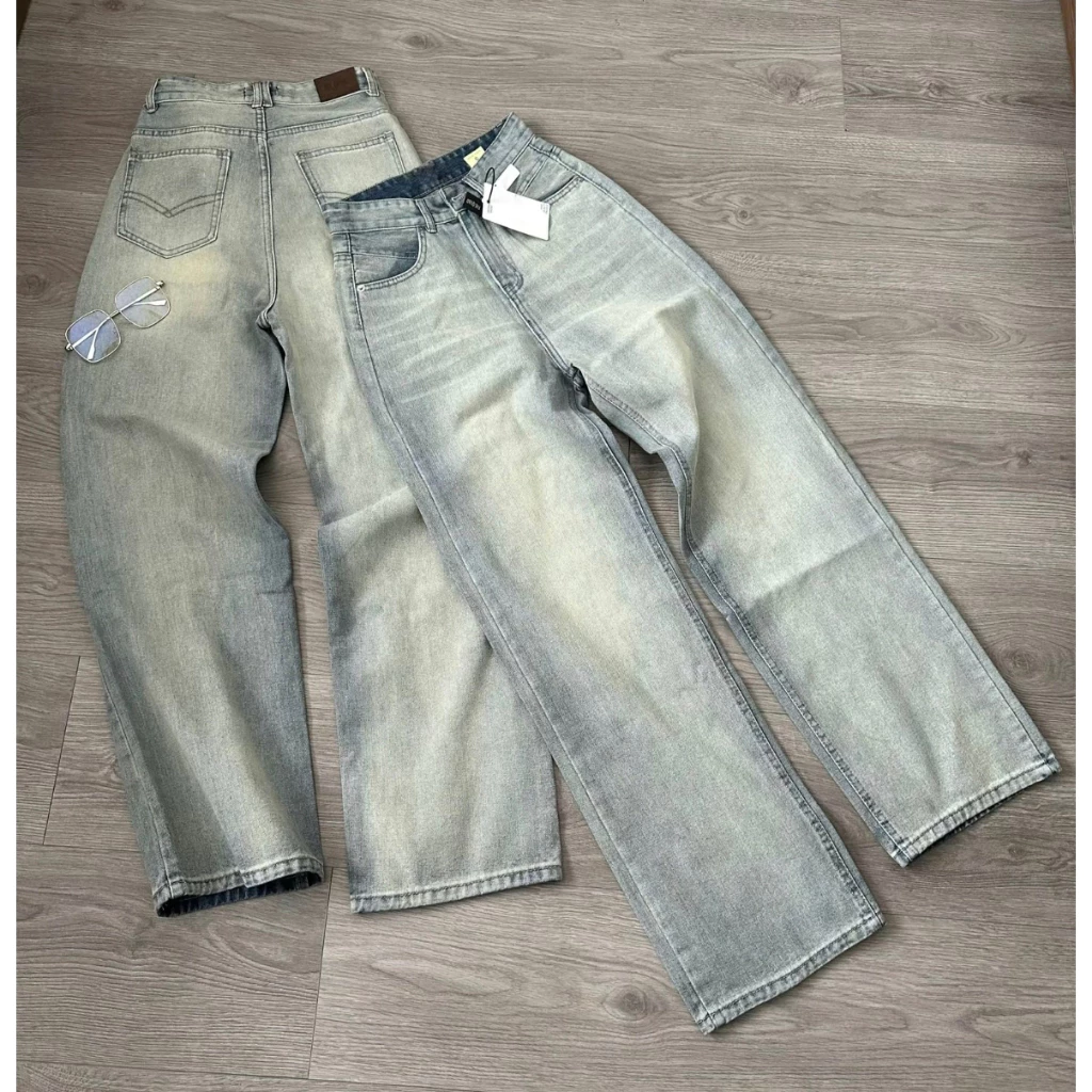 Quần Jean Ống Suông Màu Bụi Wash Sáng Lưng Cao Nữ Quần Bò Rin Ống Rộng 9 Tấc Nấm Lùn 1m5 Dài Quần 88-93cm WJeans113