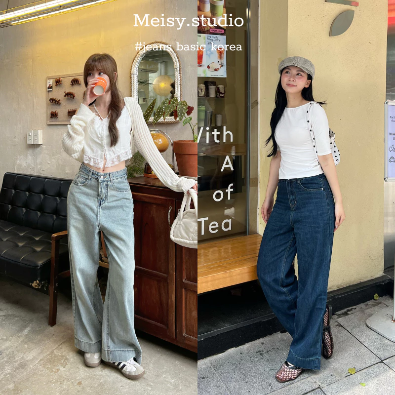 Quần jeans bò ống rộng Meisy vải denim màu xanh đậm màu xanh nhạt chất jeans mềm mặc mùa hè mát không co giãn WJeans114