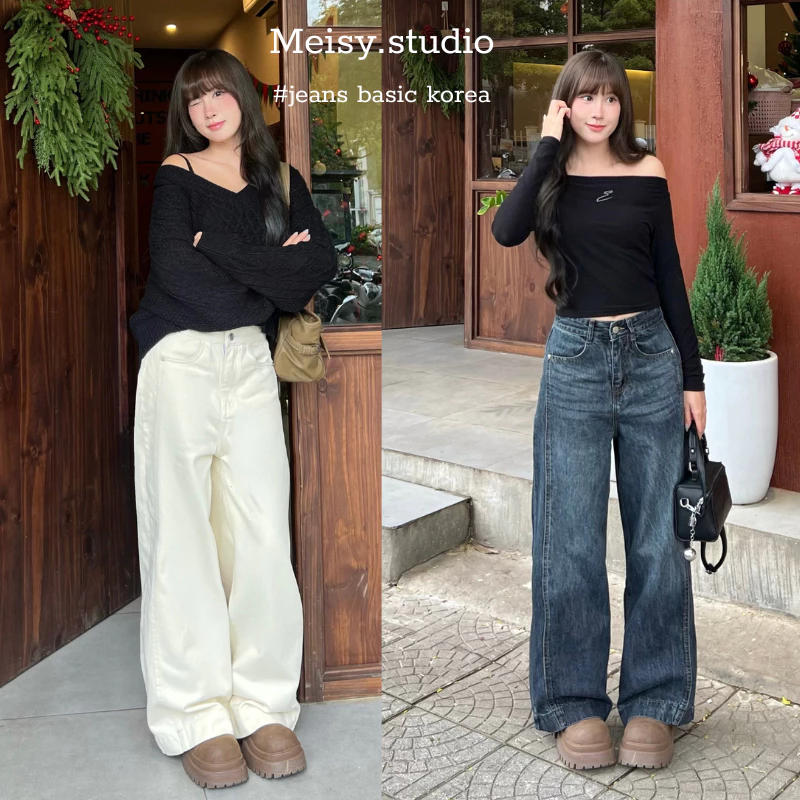 Quần Jeans nữ form dáng ống rộng màu đen than, màu be vải dày có viền sọc giữa phong cách basic Hàn Quốc WJeans115