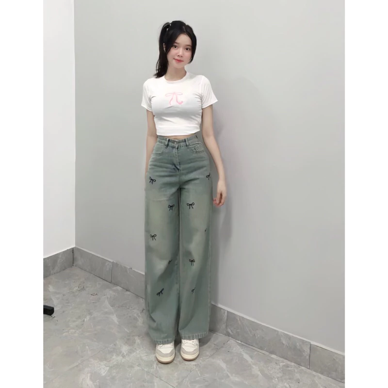QUẦN JEANS NỮ THÊU NƠ MÀU DƠ BỤI DÀI có size  dành cho nấm lùn WJeans122