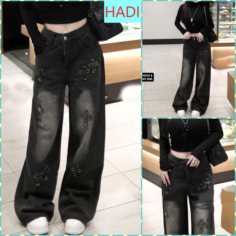 QUẦN JEANS ỐNG RỘNG NỮ LƯNG CAO THÊU CHỮ THẬP NHIỀU ĐÙI MÀU XÁM ĐEN LAI CUỐN FORM TÔN DÁNG WJeans123