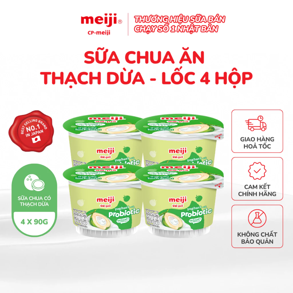 Sữa chua ăn Meiji thạch dừa, bổ sung canxi và vitamin 90g - Lốc 4 hộp