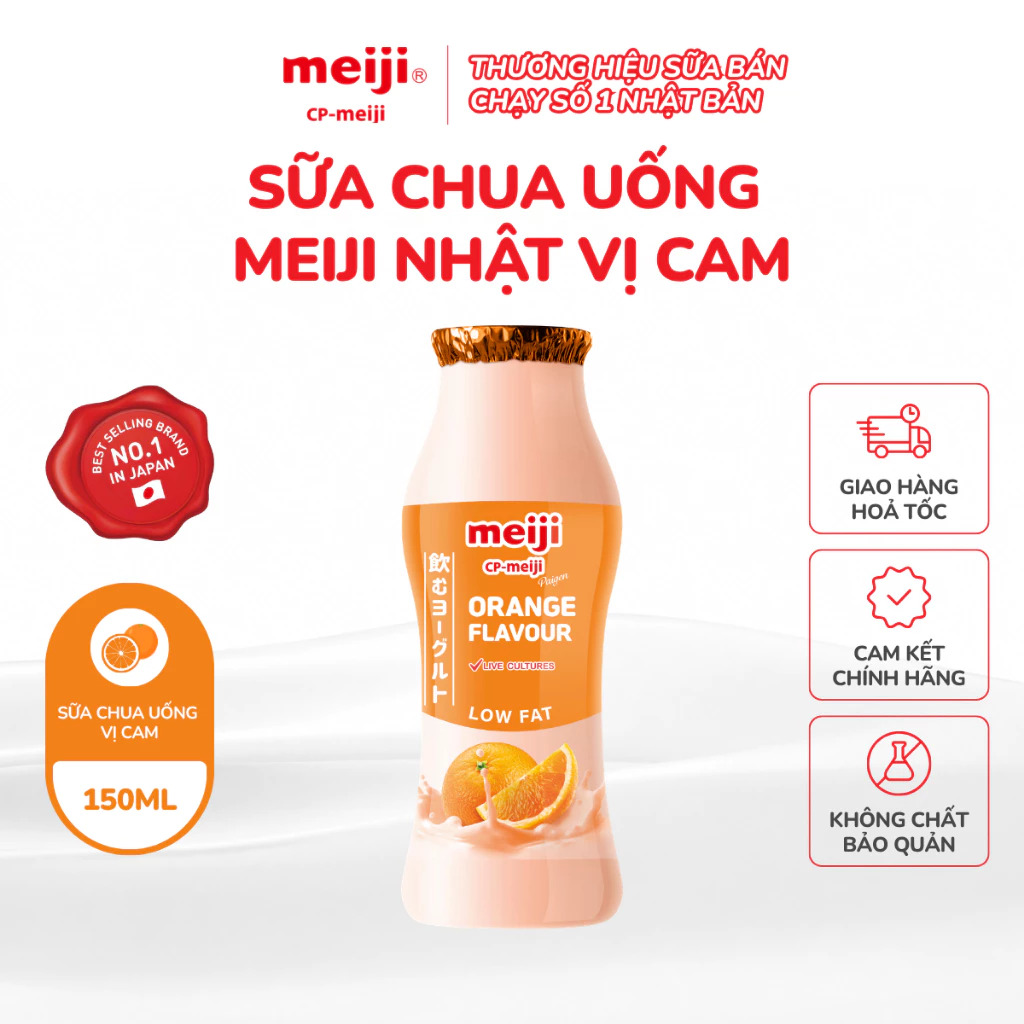 Sữa Chua Uống Meiji ít béo vị cam, chứa 3 dòng men vi sinh tốt cho tiêu hóa 150ml