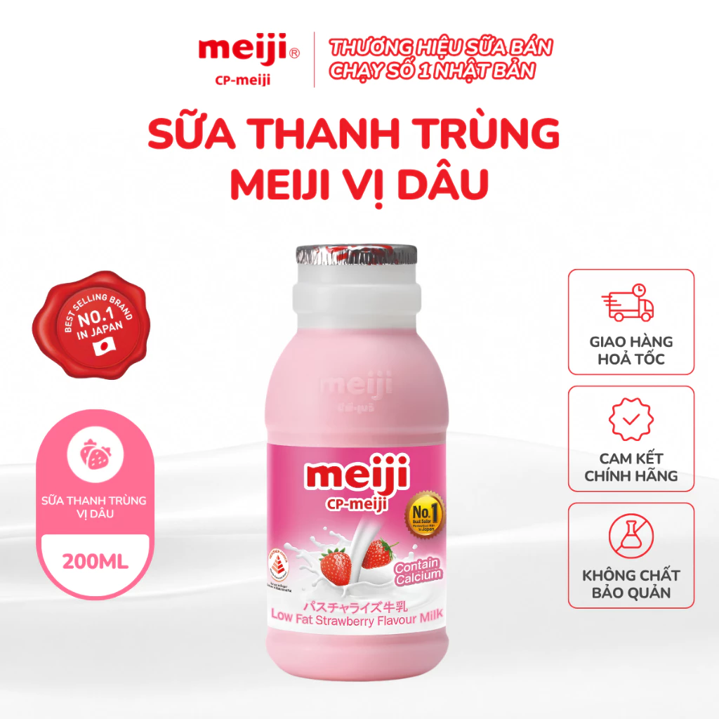 Sữa tươi thanh trùng Meiji cho bé, vị dâu thơm dễ uống, ít đường lactose, chứa canxi 200ml - 1 Chai
