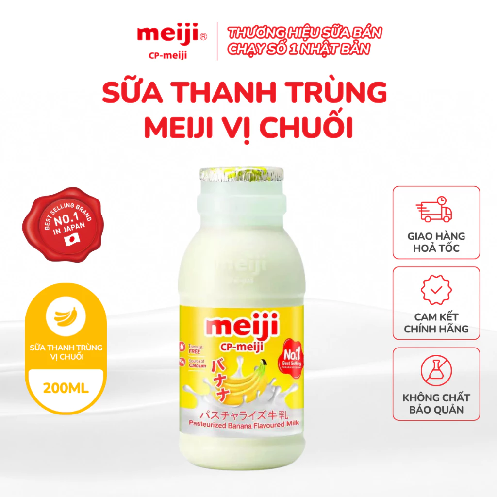 Sữa tươi thanh trùng Meiji cho bé, vị chuối, chứa canxi, vitamins thiết yếu 200ml - 1 Chai
