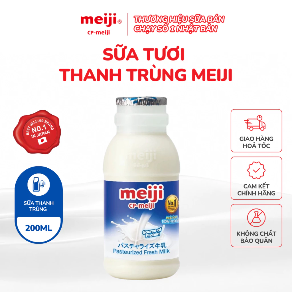 Sữa tươi thanh trùng Meiji cho bé, nguyên bản, ít béo, không thêm đường 200ml - 1 Chai
