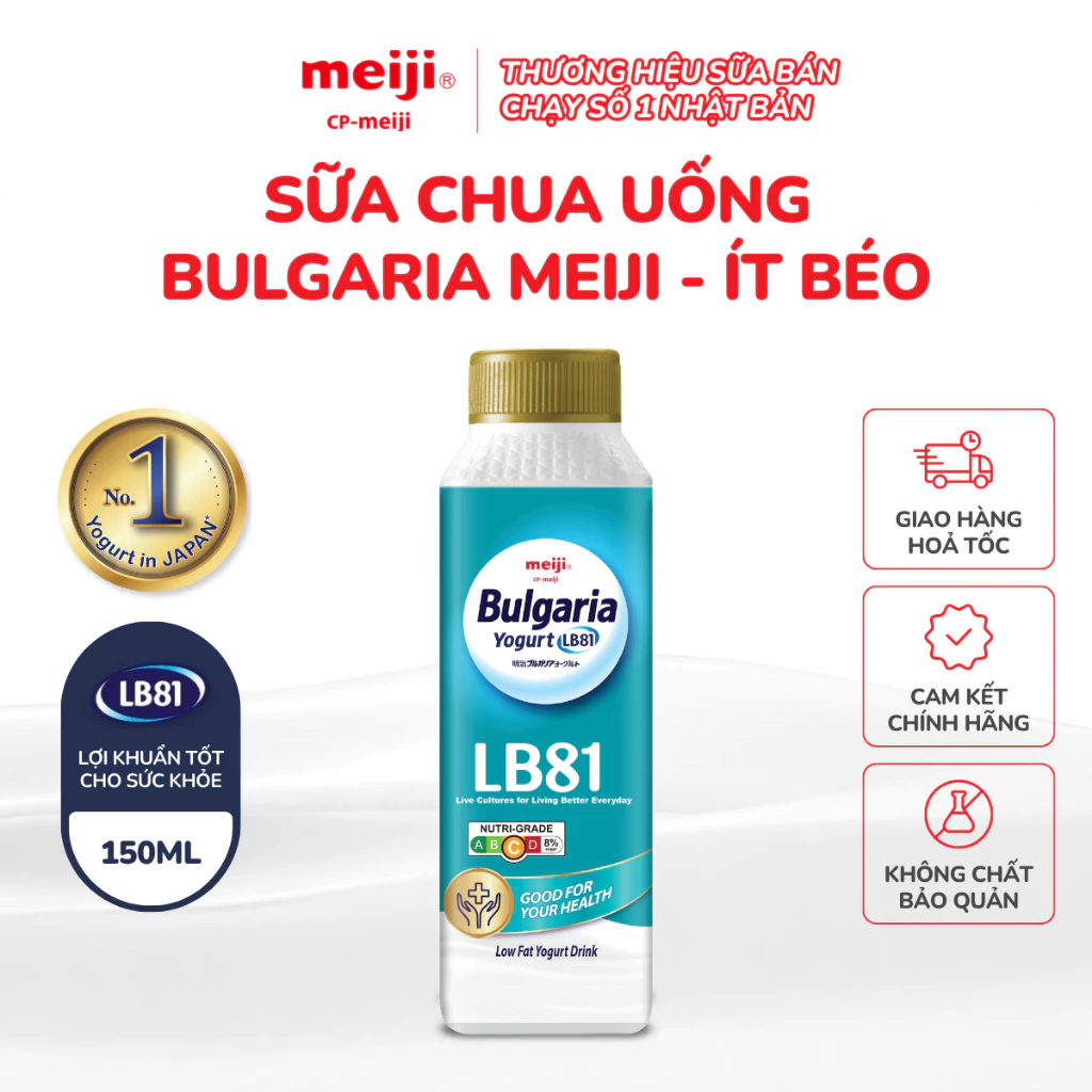 Sữa chua uống Bulgaria Meiji ít béo, chứa lợi khuẩn LB81, gấp 3 dinh dưỡng protein, hỗ trợ tiêu hóa 150ml