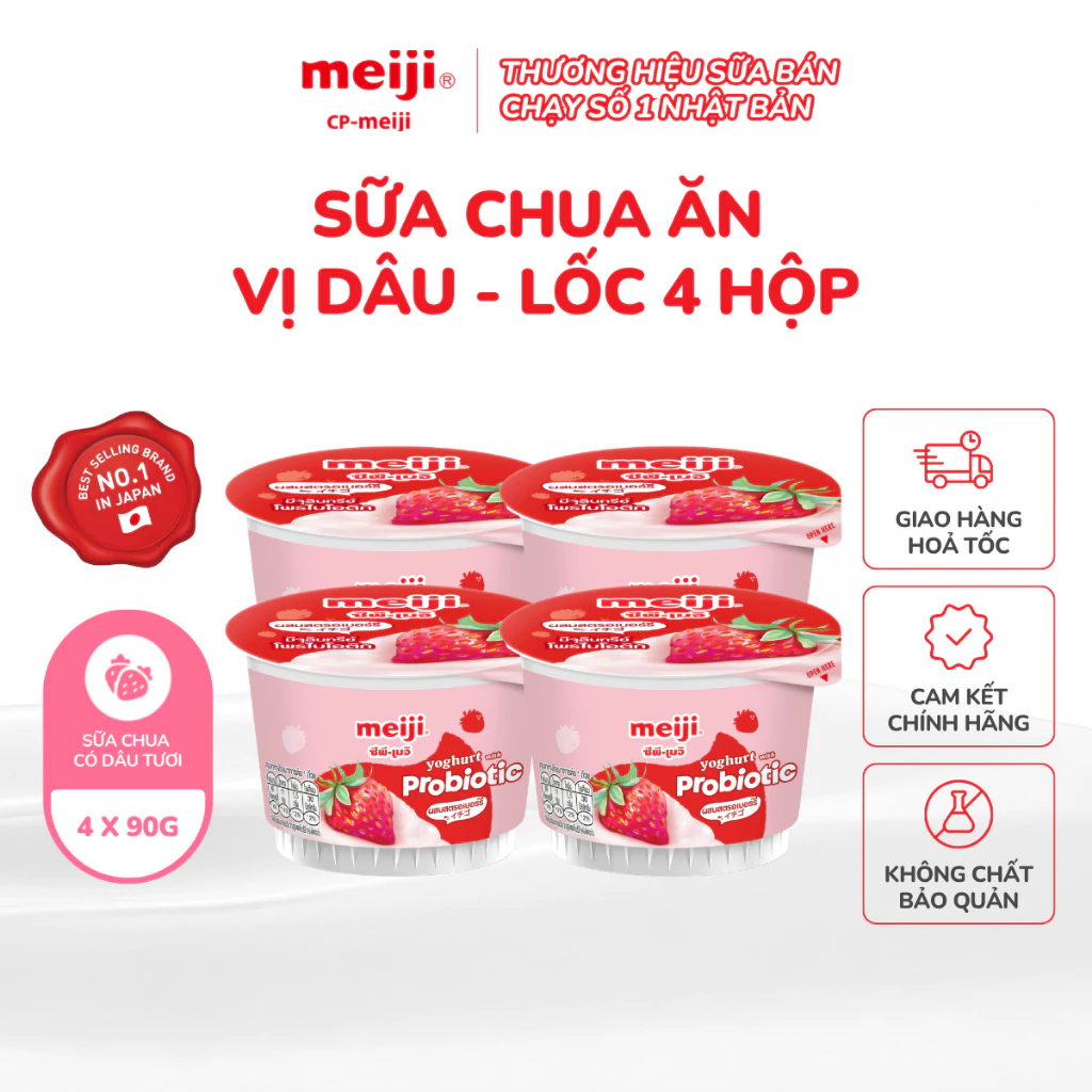 Sữa chua ăn Meiji Nhật vị dâu, có trái cây thật, bổ sung canxi và vitamin 90g - Lốc 4 hộp