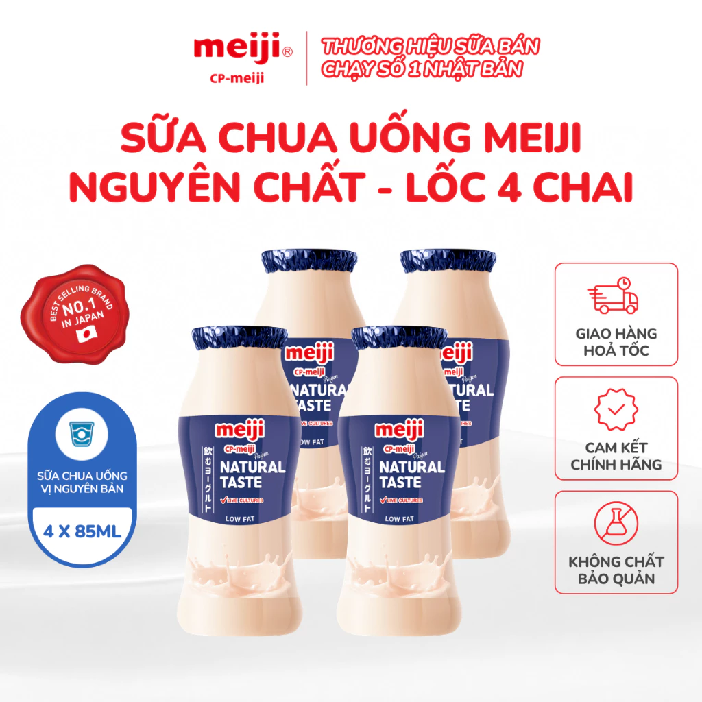 Sữa Chua Uống Meiji nguyên chất ít béo, chứa 3 dòng men vi sinh tốt cho tiêu hóa 85ml - Lốc 4 chai