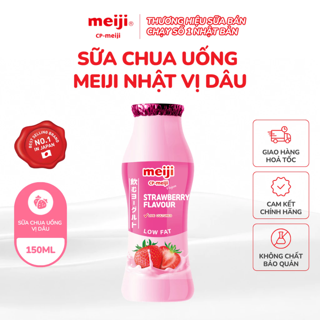 Sữa Chua Uống Meiji ít béo vị dâu, chứa 3 dòng men vi sinh tốt cho tiêu hóa 150ml