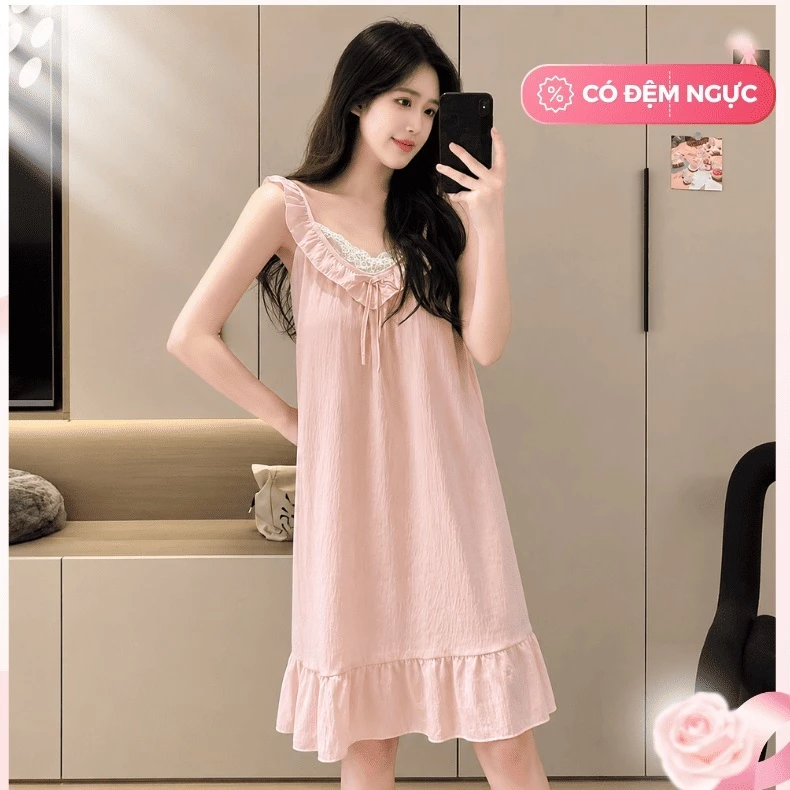 Váy Ngủ Có Đệm Ngực Cotton Đũi Cao Cấp, Váy Ngủ 2 Dây Mặc Nhà Thoáng Mát, Thiết Kế Kiểu Nhật Dễ Thương