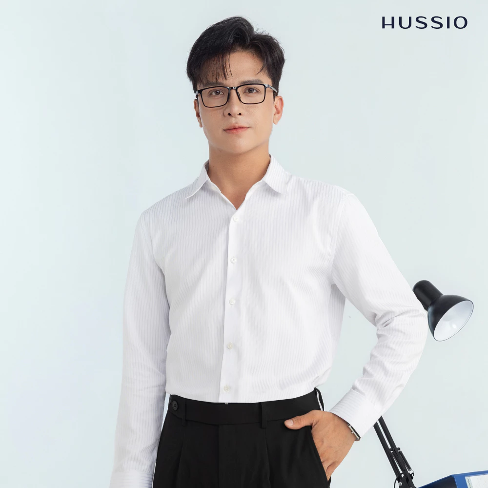 Sơ mi nam công sở 8 Hours, chất liệu Jacquard Smart sọc nổi, dày dặn, chuẩn form Slim Fit HUNI-HUSSIO