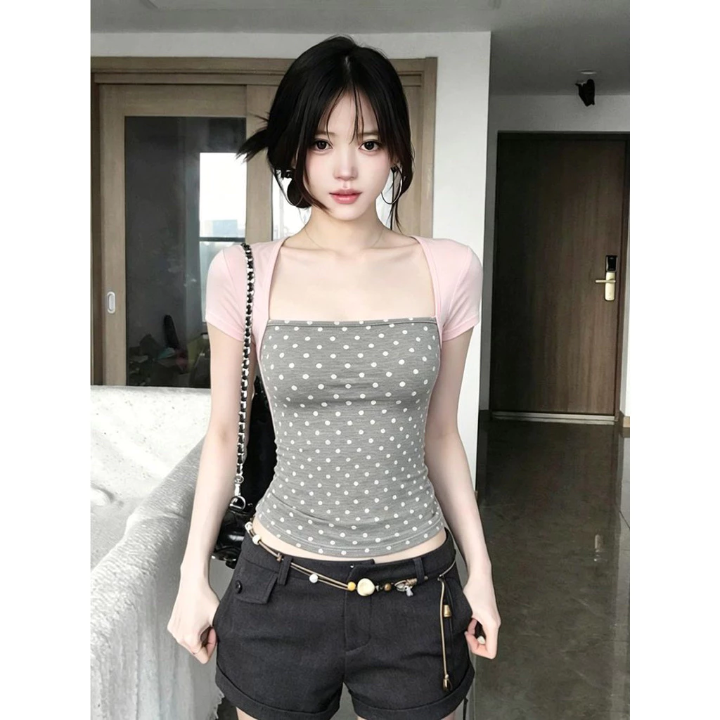 (Sẵn L,Xl)Áo Thun Nữ Cổ Vuông Phối Màu Chấm Bi Kiểu Giả 2 Lớp – Áo Tay Ngắn Ôm Dáng Thời Trang Mùa Hè