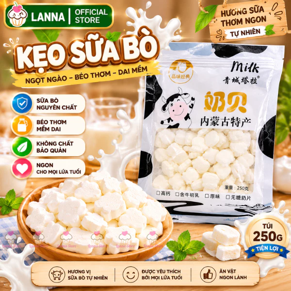 【GÓI 250G】Kẹo Sữa Bò Non Nén Viên Mông Cổ – Kẹo Sữa Khô Nội Mông Chính Hãng, Vị Ngọt Thanh, Ăn Vặt
