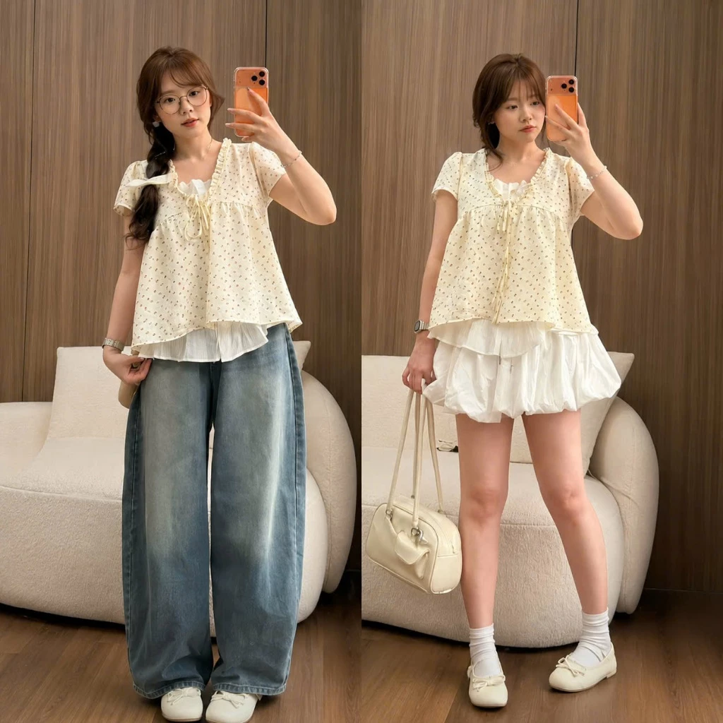 (HOT) Áo babydoll 2 lớp họa tiết chất đũi hoa nhí phối ren trắng thắt nơ dáng xuông dễ thương 2026