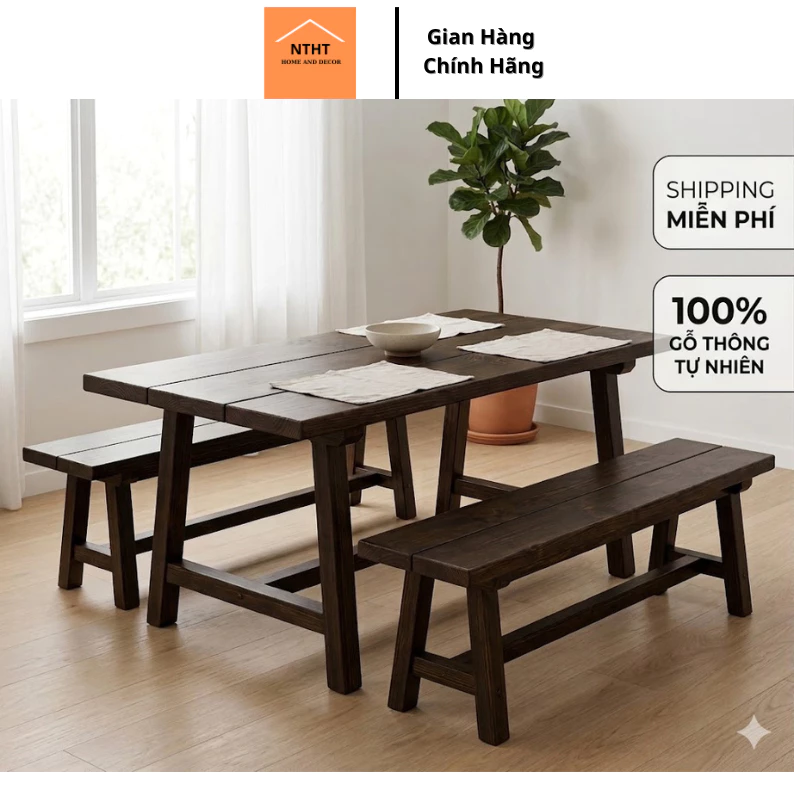 Bàn ghế cổ điển DECORHT gỗ thông 1m2 - 1m8 vintage bền đẹp sang cho nhà hàng, sân vườn