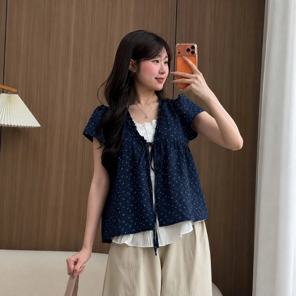 Áo babydoll cộc tay phối ren trắng mix hoa nhí siêu xinh dành cho nữ nhiều màu