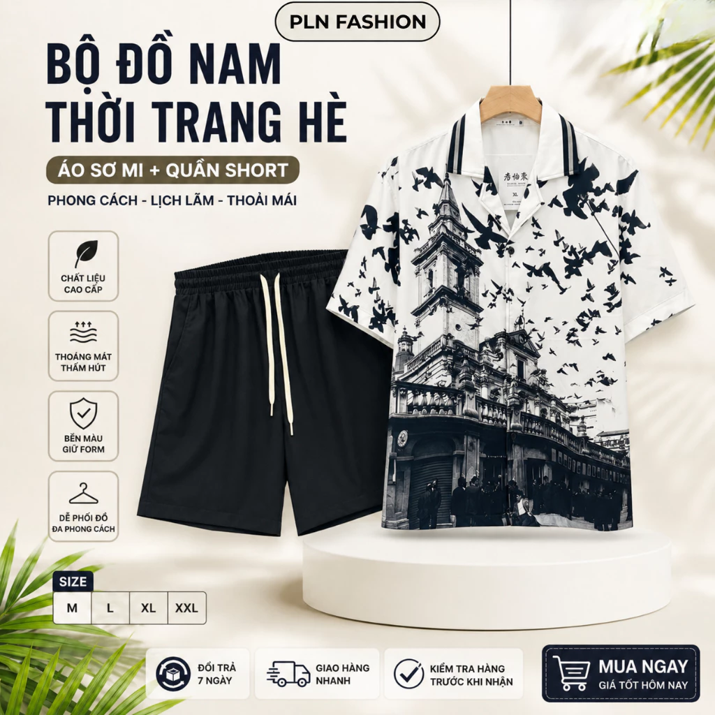 đồ bộ mặc nhà cộc tay nam in họa tiết chất lụa mịn mát, bộ sơ mi nam ngắn tay form trẻ trung N67