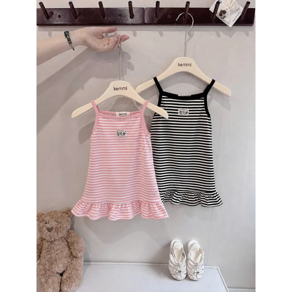 Váy Hai Dây Hoạ Tiết Kẻ Ngang Xinh Xắn Cho Bé Gái 8-26kg Chất Liệu Cotton Thoáng Mát Mềm Mịn , Váy Hè Đáng Yêu Cho Bé