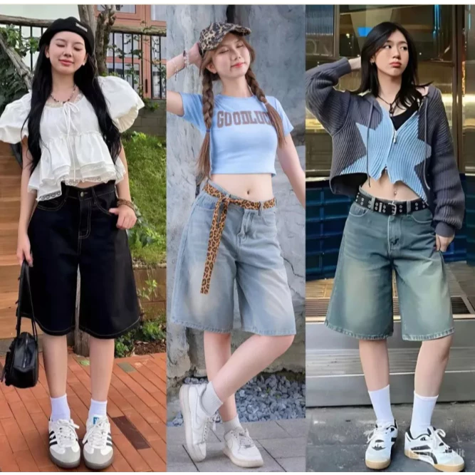 Quần shorst Jean Lửng Nữ Ống Rộng Lưng Cao – Quần Baggy Denim Dài Qua Gối Phong Cách Ulzzang Hàn Quốc