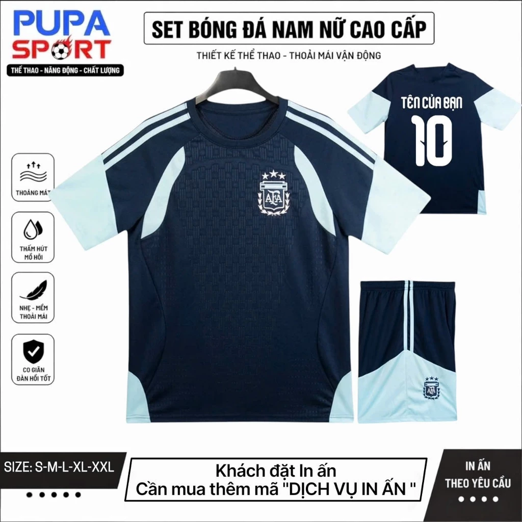 Bộ Quần Áo Bóng Đá Strivend  ARGEN TINA WC26 - XANH ĐEN, Logo Thêu Bên Ngực, Vải mè Nam/Nữ, Có In Tên Unisex Top Sport.