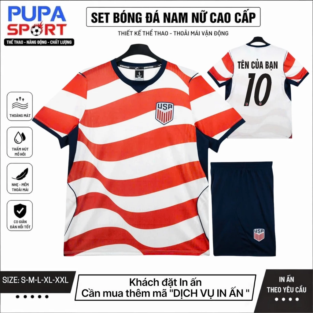 Bộ Quần Áo Bóng Đá MỸ WC26 - TRẮNG ĐỎ, Logo Thêu Bên Ngực, Vải mè Nam/Nữ, Có In Tên Unisex Top Sport.
