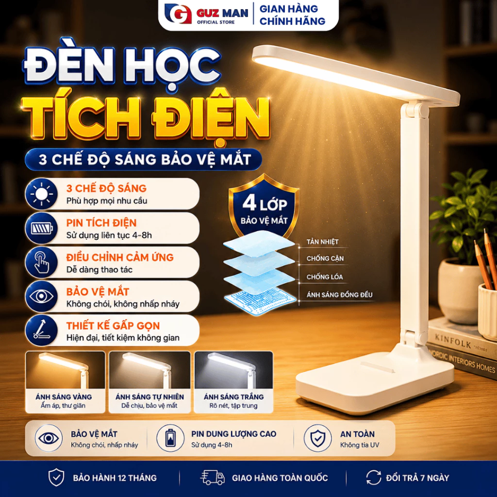Đèn Học Để Bàn 3 Chế độ sáng bảo chống cận vệ mắt, Pin sạc tích điện, Điều chỉnh cảm ứng tiện lợi