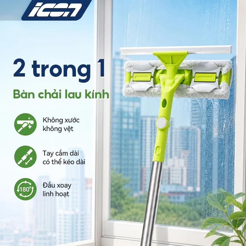ICON chổi lau kính 2 trong 1, cán dài 100-138cm, xoay 180°, vừa lau vừa gạt nước, lau sạch không vết