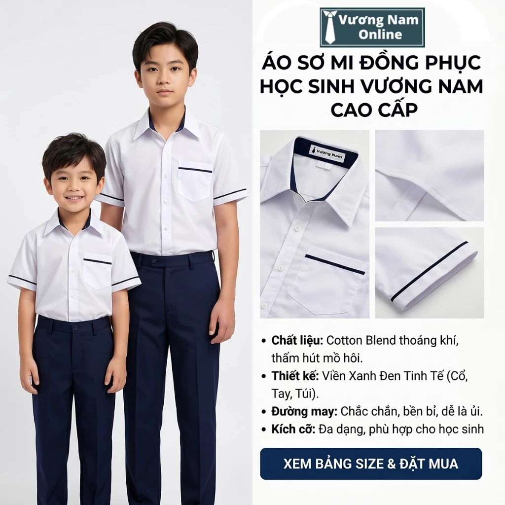 Áo sơ mi nam học sinh trắng tay ngắn và dài cấp 1 2 3 hàng tiêu chuẩn vải kate vạc ngang VNO178