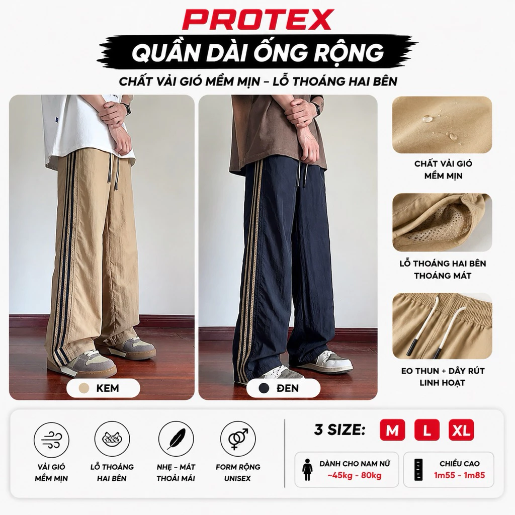 Quần gió dài Unisex ống suông vải gió mềm mỏng thoáng khí 2 bên mặc hè không lộ form rộng