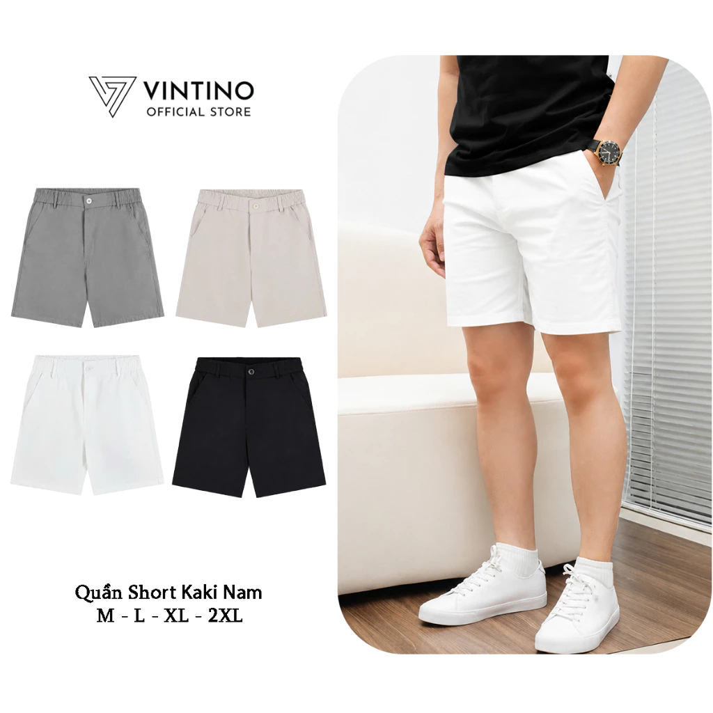 Quần Short Nam Kaki VINTINO Cạp Chun Khuy Cúc Co Giãn Thoáng Mát Form Trên Gối QS05