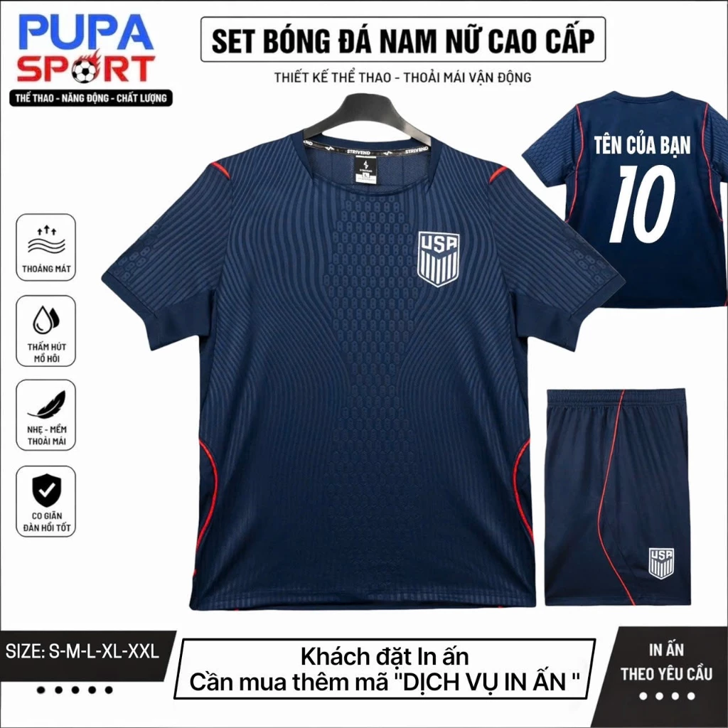 Bộ Quần Áo Bóng Đá MỸ WC26 - XANH ĐEN, Logo Thêu Bên Ngực, Vải mè Nam/Nữ, Có In Tên Unisex Top Sport.