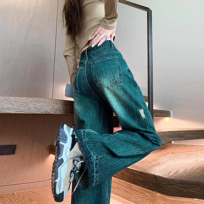 Quần Jean Rách Nhiều , Quần Bò Nữ Ống Suông Màu Xanh Rêu WJeans125