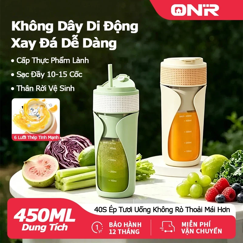Máy Xay Sinh Tố Cầm Tay 450ml, 6 Lưỡi Thép,Xay Đá Được,40S Ép Nhanh, 2 Nắp Tiện Lợi,Nắp Uống,Ống Hút