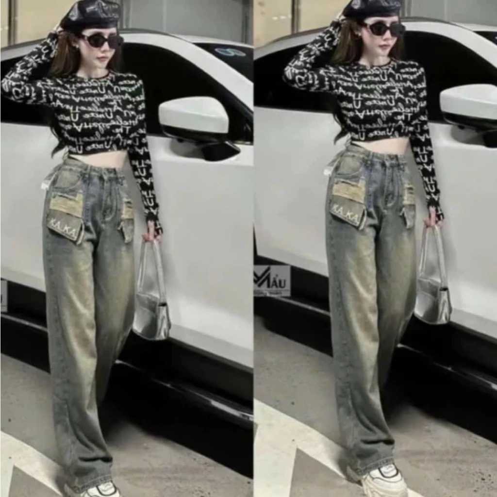 Quần bò jeans ống rộng nữ thêu Kaka cạp cao dáng suông phong cách Hàn Quốc