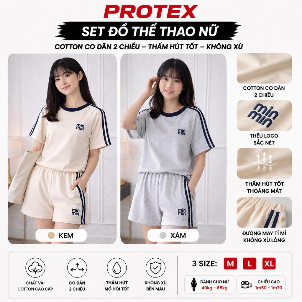 Set bộ nữ Min Min cotton mềm mịn – Đồ bộ nữ mùa hè quần short áo thun tay phối sọc thêu chữ cao cấp