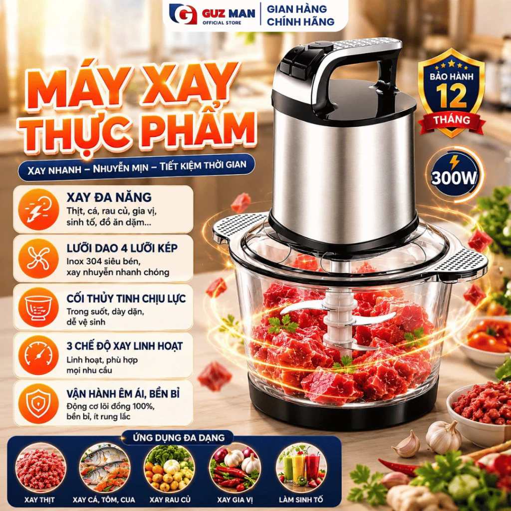 Máy Xay Thực Phẩm Đa Năng 2L, Công Suất 300W Xay Nhanh, 4 Lưỡi Dao Sắc Bảo Hành 24 Tháng