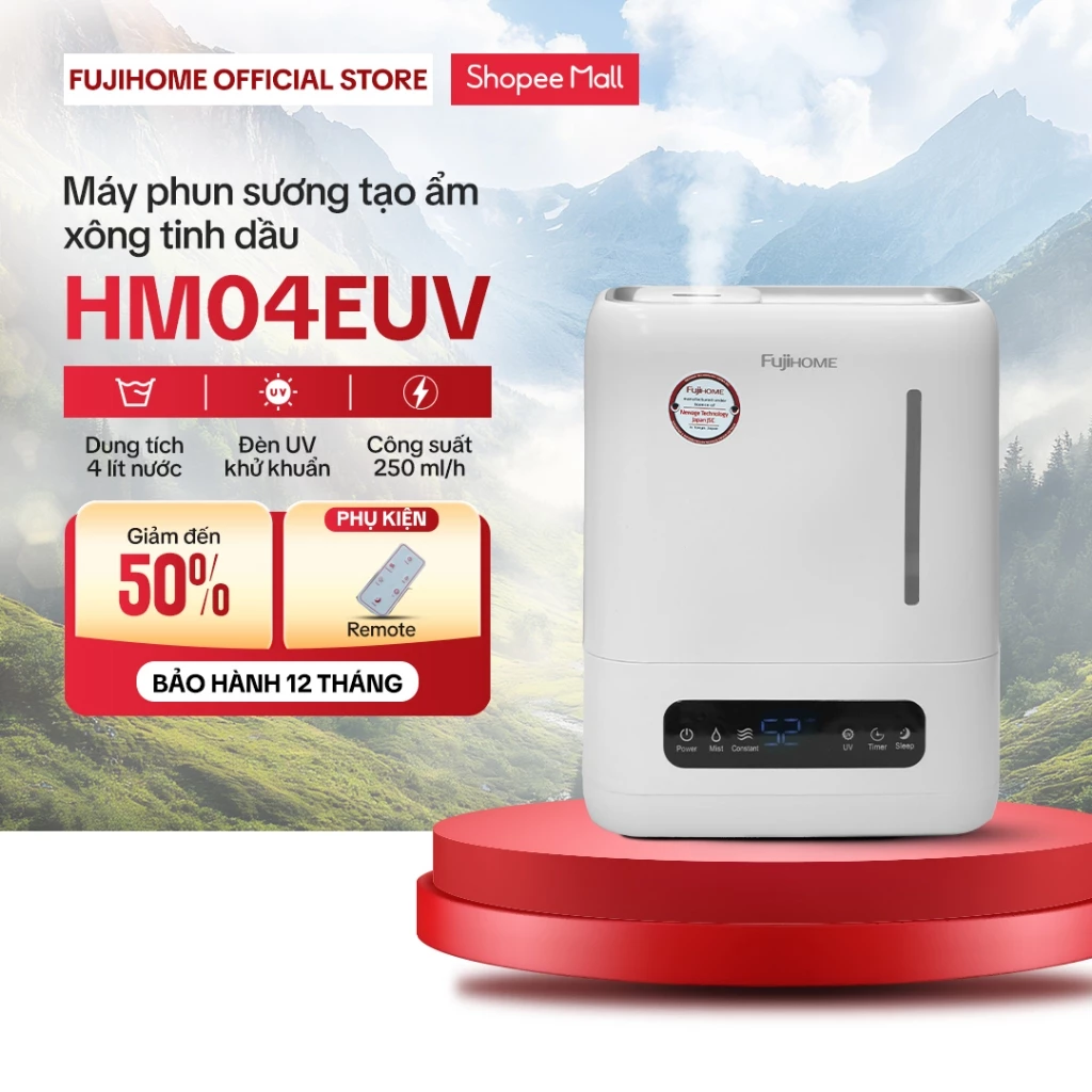 Máy phun sương tạo ẩm xông tinh dầu Fujihome HM04EUV 4 Lít, phun siêu âm diệt khuẩn UV điều khiển từ xa hẹn giờ