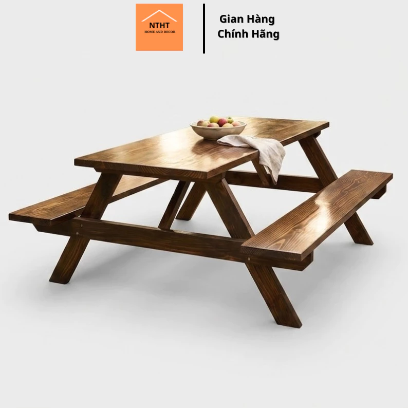 Bộ bàn ghế DECORHT  bàn ăn nguyên khối ngoài trời,bàn ghế chữ A trang trí sân vườn,quán ăn lẩu nướng chất liệu gỗ thông