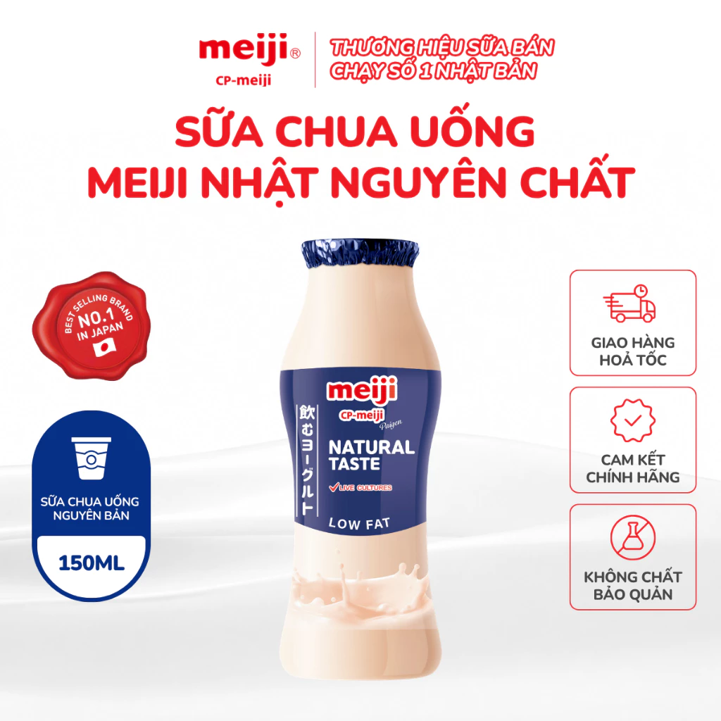 Sữa Chua Uống Meiji nguyên chất ít béo, chứa 3 dòng men vi sinh tốt cho tiêu hóa 150ml