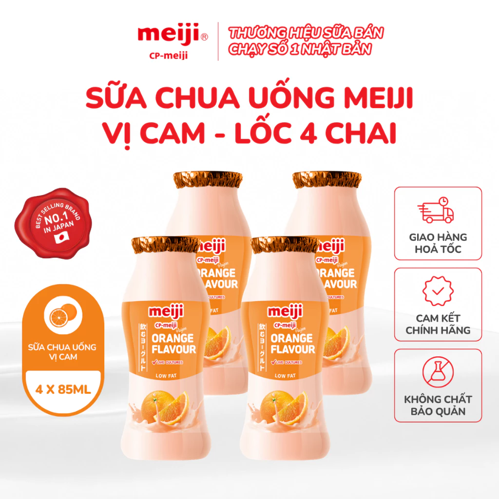 Sữa Chua Uống Meij ít béo vị cam, chứa 3 dòng men vi sinh tốt cho tiêu hóa 85ml - Lốc 4 chai