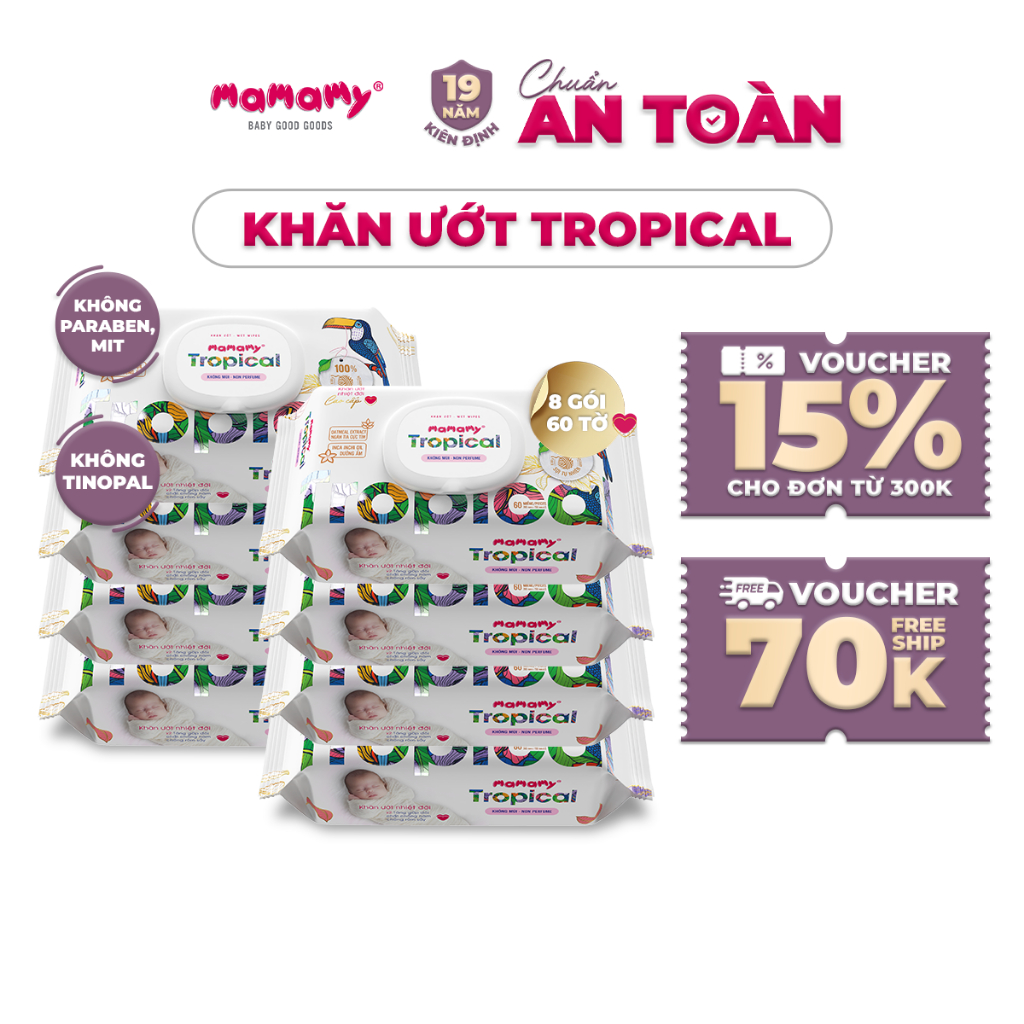 Khăn ướt Mamamy Tropical gói 60 tờ KHÔNG HƯƠNG THƠM cao cấp cho mẹ và bé 100%…
