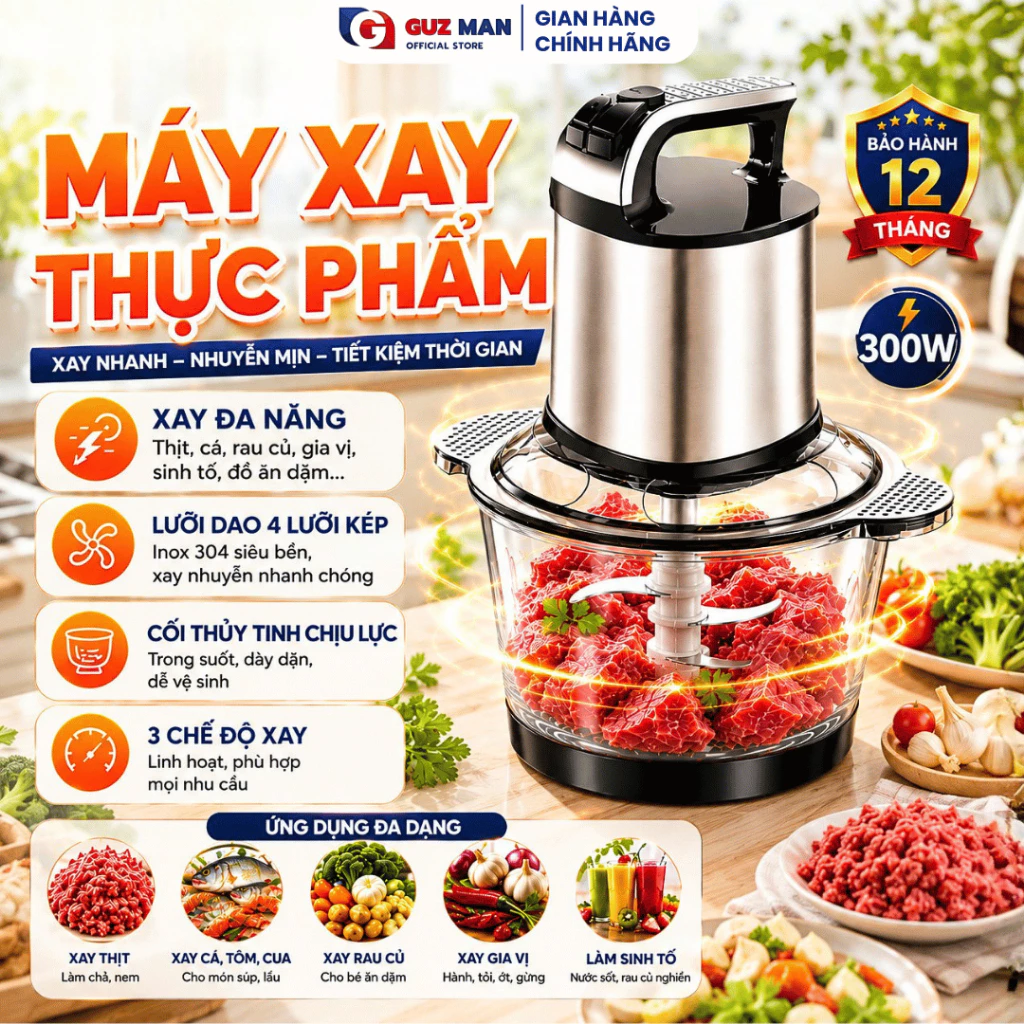Máy Xay Thịt Đa Năng, Cối Xay Thực Phẩm 4 Lưỡi Dao Sắc, Công Suất Lớn 300W Dung Tích Lớn 2 Lít