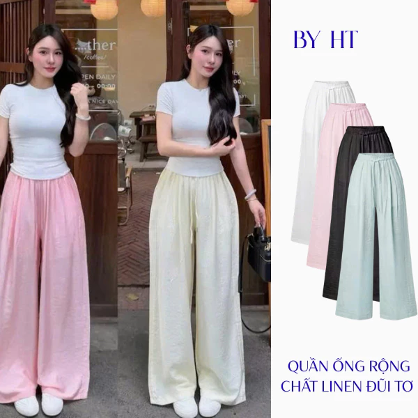 BY HT Quần ống rộng LINEN đũi tơ cao cấp mặc mát, tôn dáng,  thoải mái có lót trong cạp chun