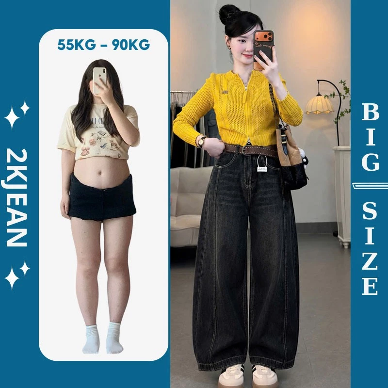 Quần jean ống rộng nữ trơn Bigsize 55-90kg, kiểu form boy thụng unisex hàng QC 2KJeans QC619