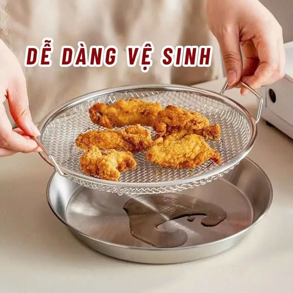 (Khay 20cm) Bộ Khay Đĩa Kèm Vỉ Lọc Dầu Tiện Lợi KT:20CM , Khay Kèm Vỉ Lọc Dầu Inox Tiện Lợi