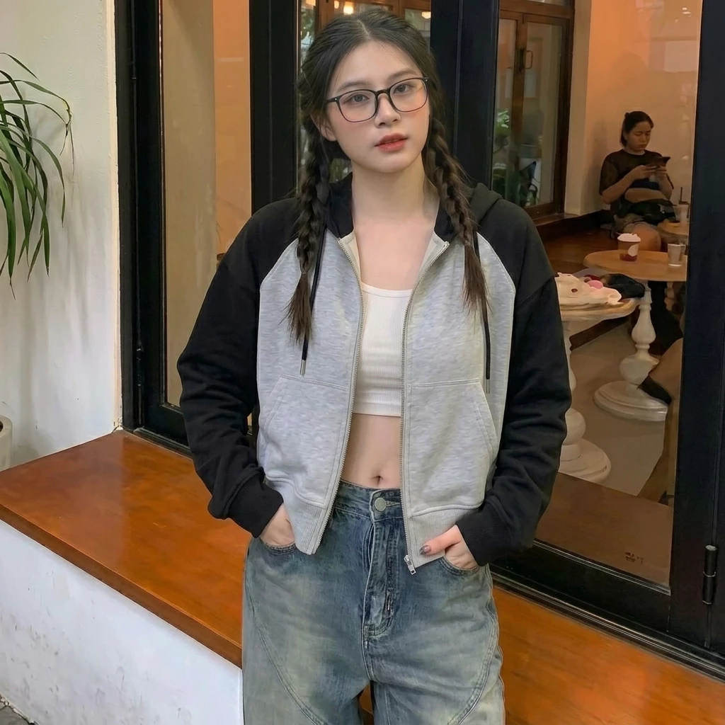 Áo Khoác Hoodie Zip Nữ Phối Màu  Phong Cách Hàn Quốc,Áo Nỉ Hoodie Có Mũ Khóa Kéo Dày Dặn Dáng Rộng Trendy - BAZI CLOTHER