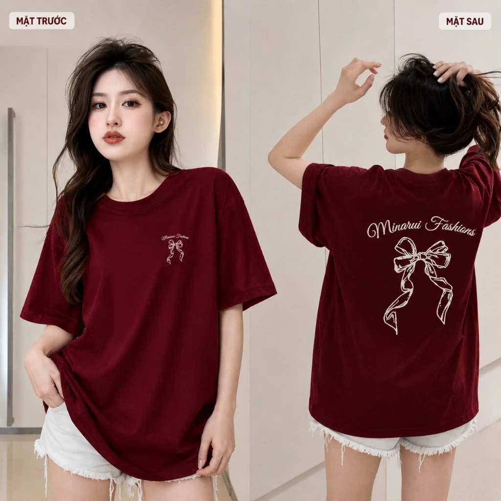 Áo thun phông nam nữ chất liệu cotton khô form rộng dấu quần in hình nơ MINA